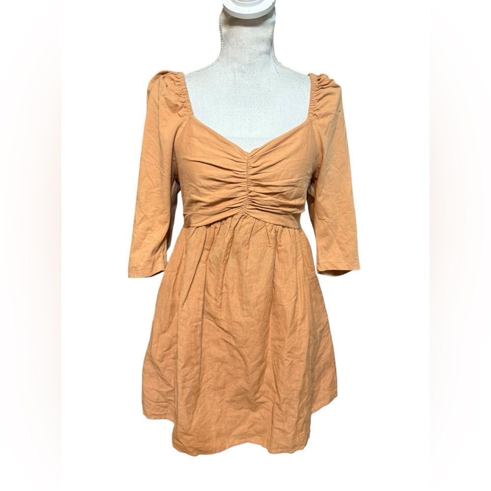 NWT Forever That Girl Sz S Linen Blend Ruched Babydoll Mini Dress